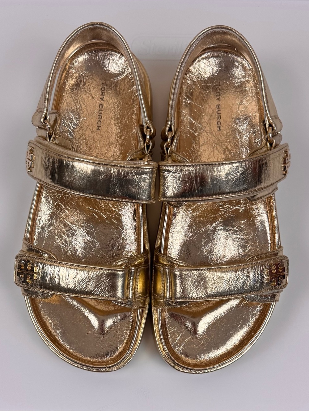 Tory Burch Kira Sport Sandal Crinkle Metallic Leather in Sparkle Gold - Picture 2 of 10